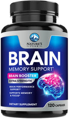 Nature's Peak brain memory supplement bottle with capsules for daily focus.