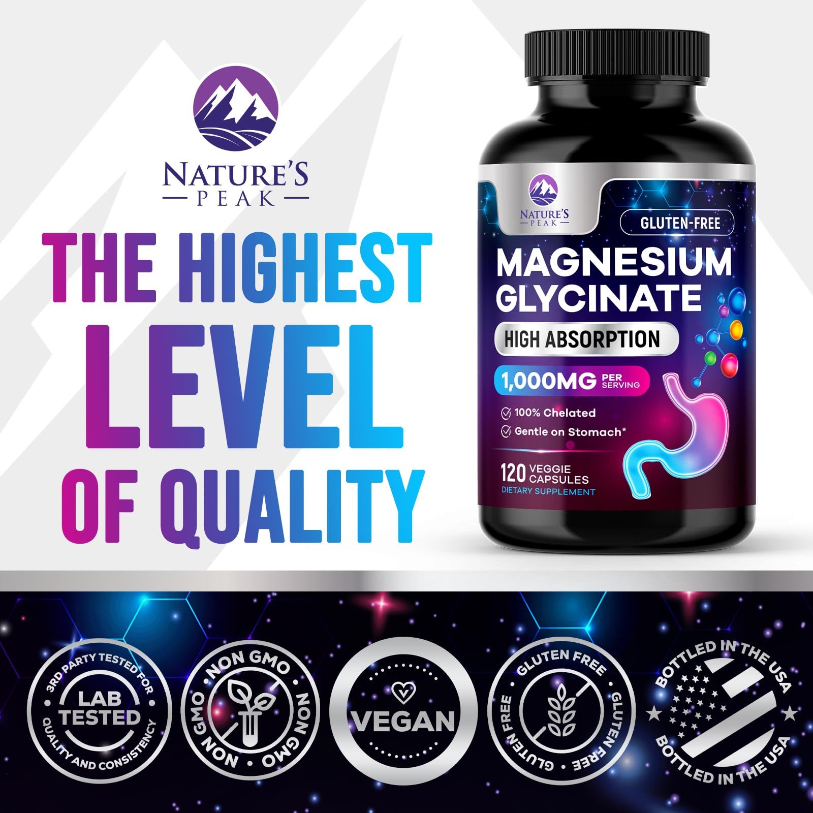Nature's Peak magnesium glycinate capsules arranged emphasizes gentle, stomach-friendly support.