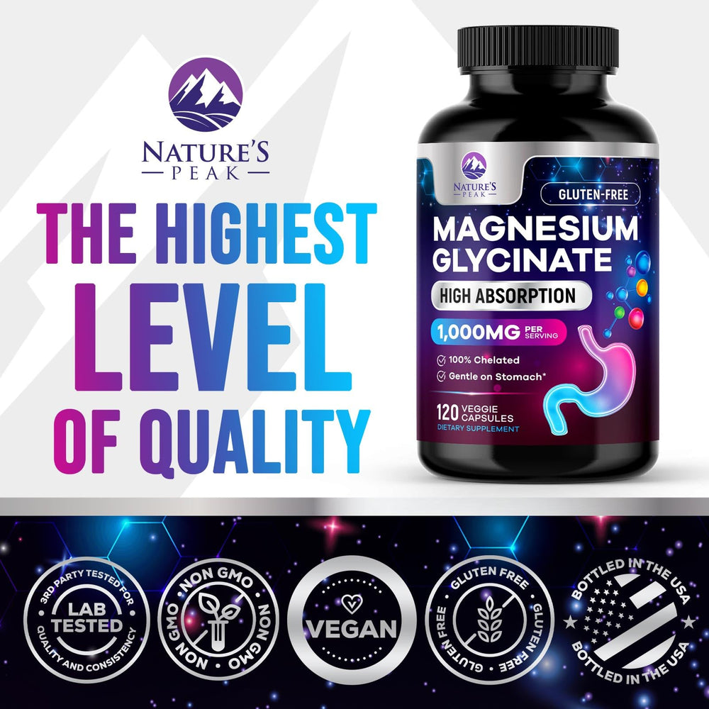 Nature's Peak magnesium glycinate capsules arranged emphasizes gentle, stomach-friendly support.