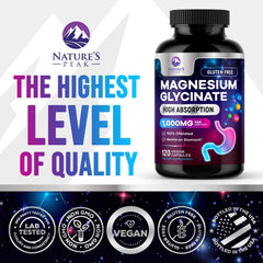 Nature's Peak magnesium glycinate capsules arranged emphasizes gentle, stomach-friendly support.
