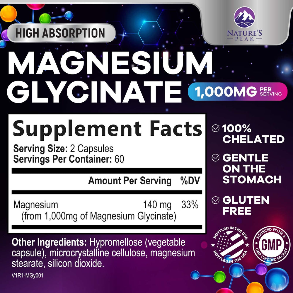 Nature's Peak magnesium glycinate capsules closeup highlighting high absorption formula.