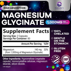 Nature's Peak magnesium glycinate capsules closeup highlighting high absorption formula.