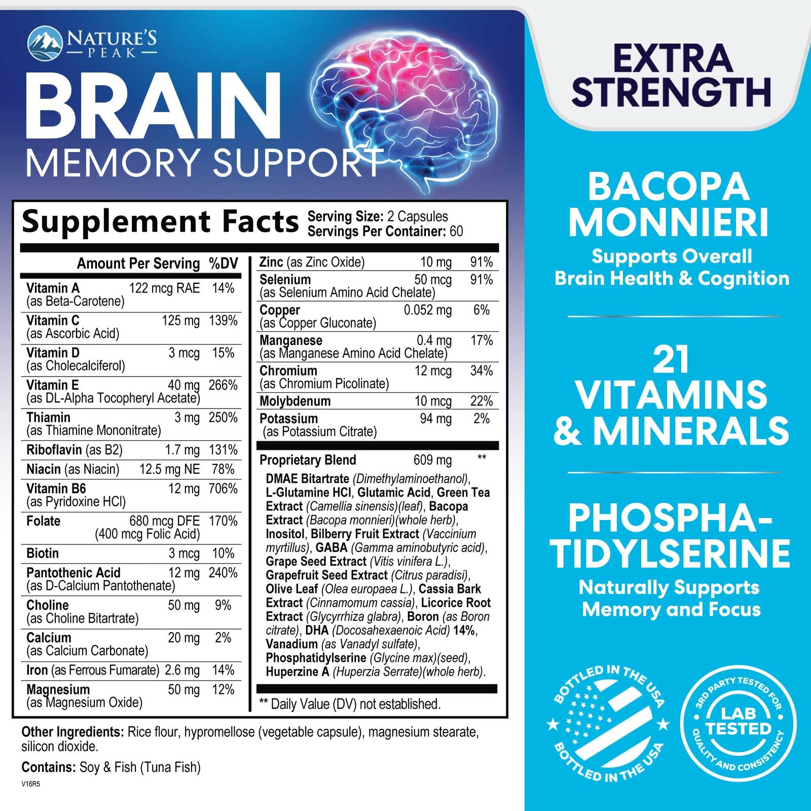 Nature's Peak nootropics capsules close-up highlighting a formula for better concentration.