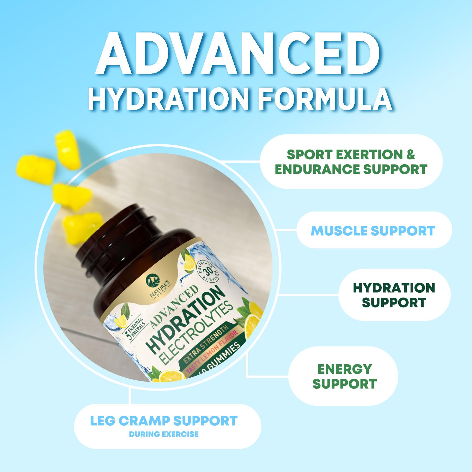 Compact, mess-free Nature's Peak hydration gummy snack for travel