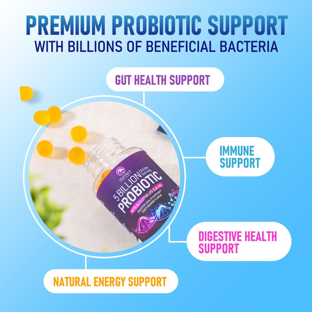 Nature's Peak Probiotic Gummies label shows six strains and CFU.