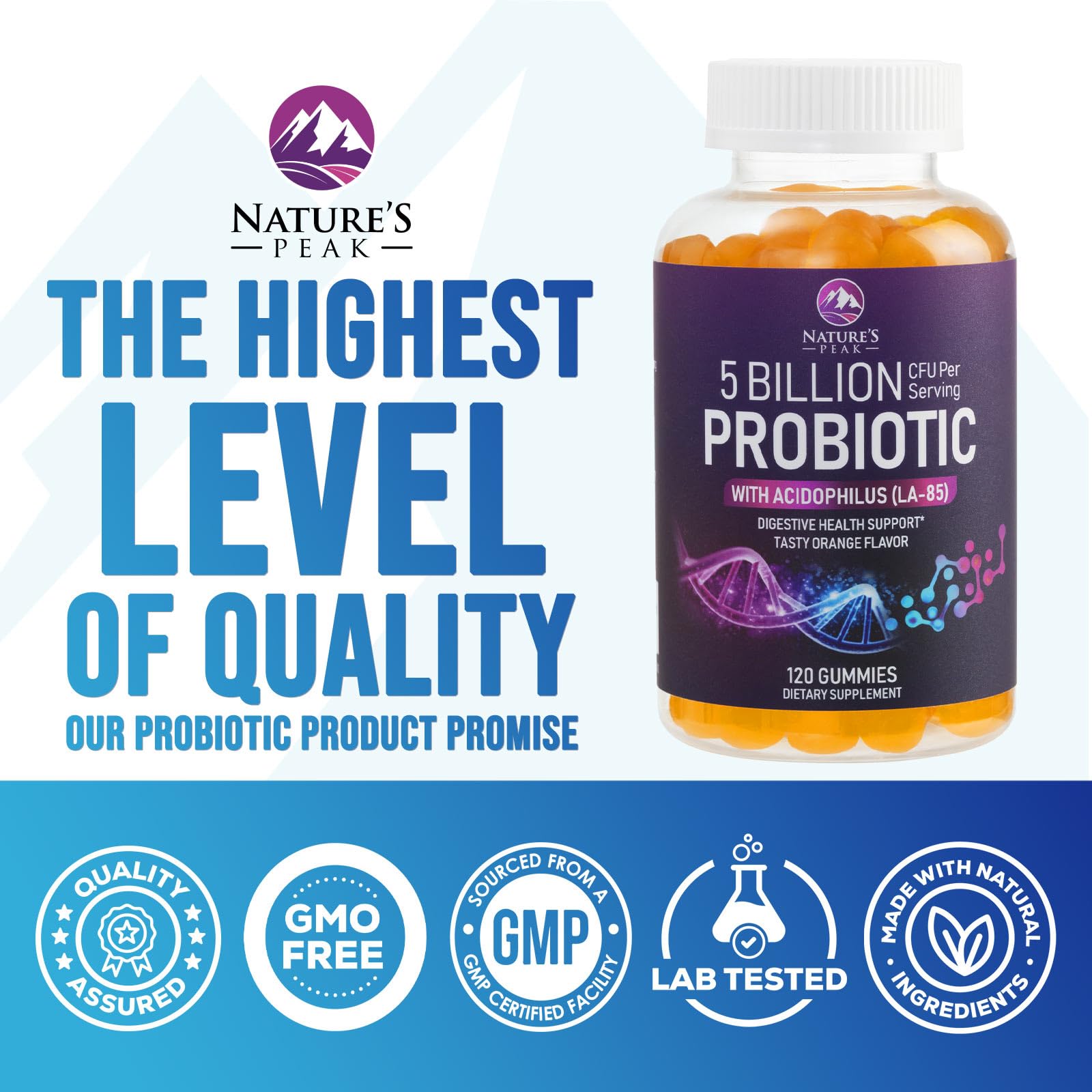 Nature's Peak Probiotic Gummies being poured from bottle.