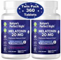 Nature's Perfect Night melatonin 20mg quick-dissolve berry bottle for fast, easy nightly use.
