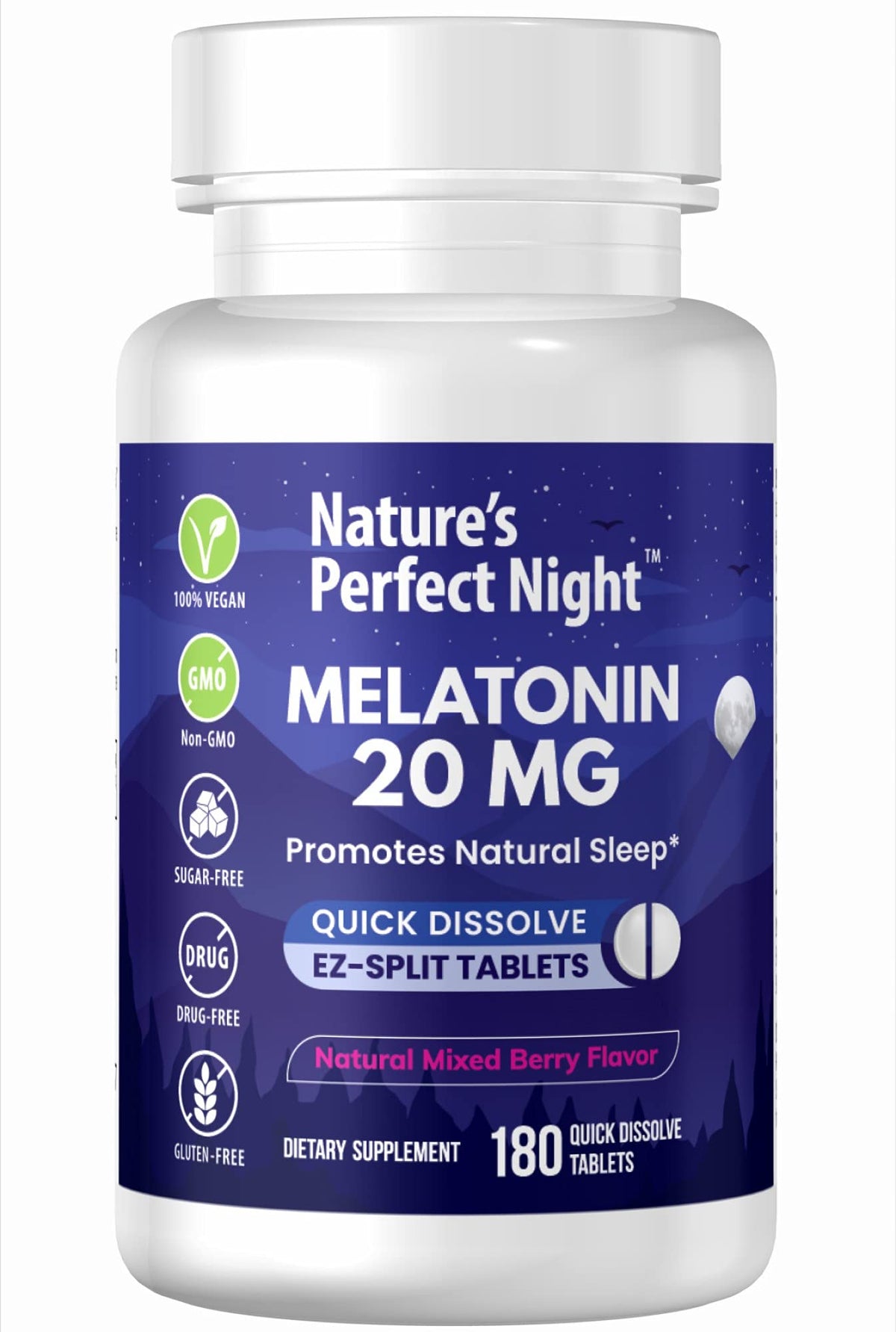 Nature's Perfect Night melatonin bottle front showing packaging and potency for restful nights