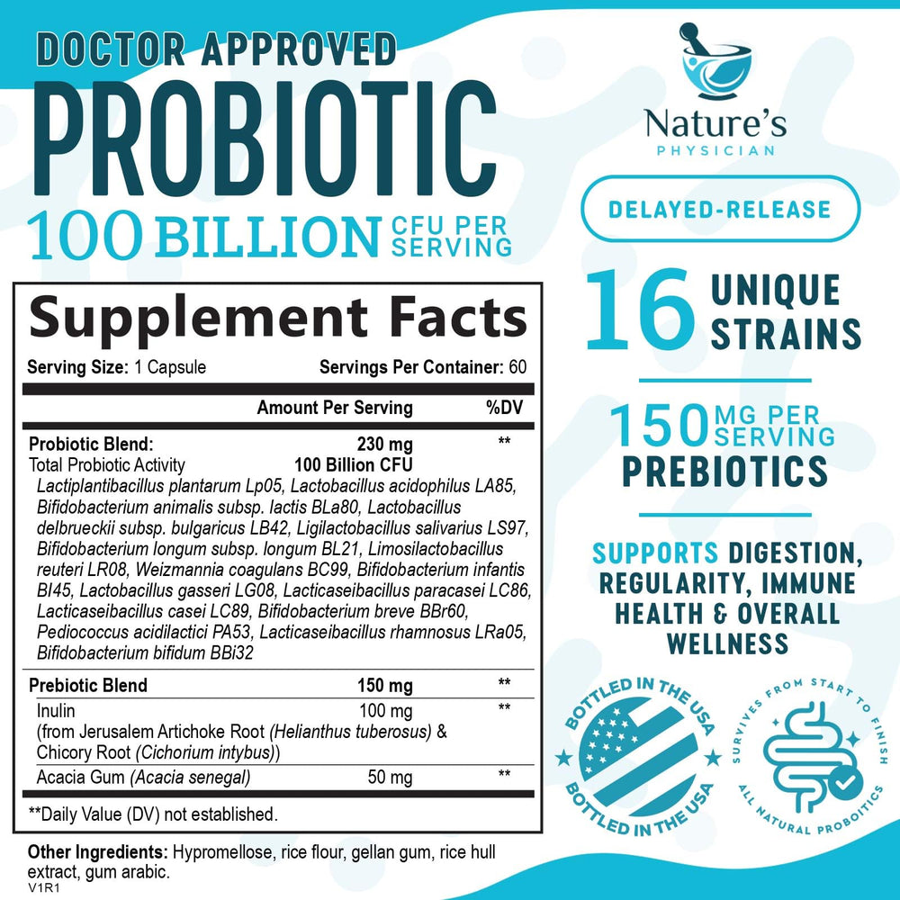 Nature's Physician Probiotics capsules close-up highlighting high CFU per serving