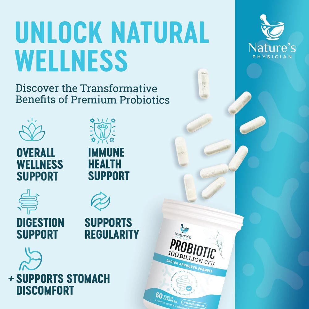 Nature's Physician Probiotics packaging box on display for travel-friendly supplement