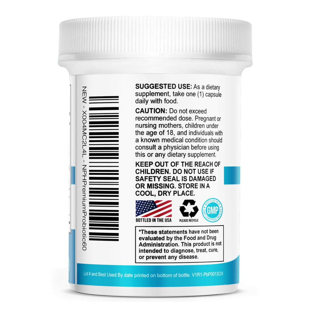 Nature's Physician Probiotics vegan symbol on label indicating plant-based formula