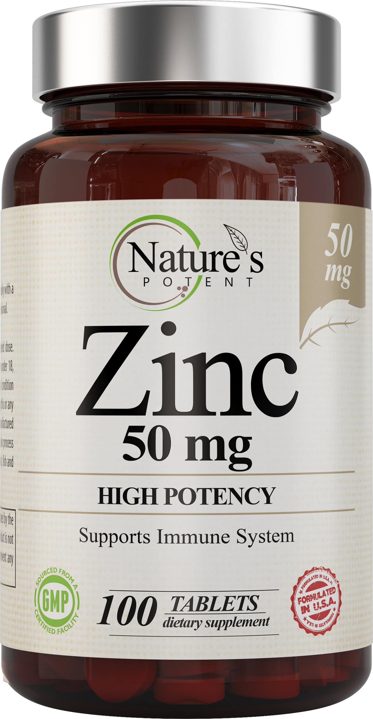 Nature's Potent Zinc 50mg bottle highlights immune support potential.