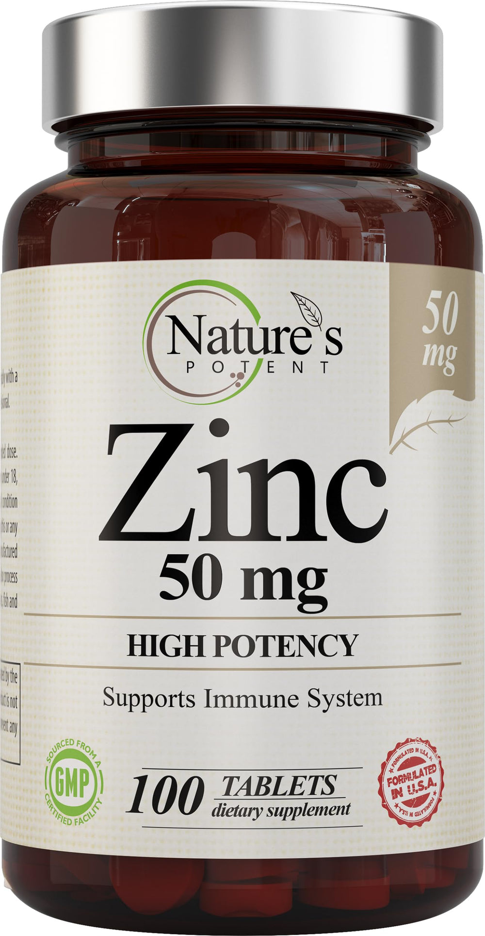 Nature's Potent Zinc 50mg bottle highlights immune support potential.