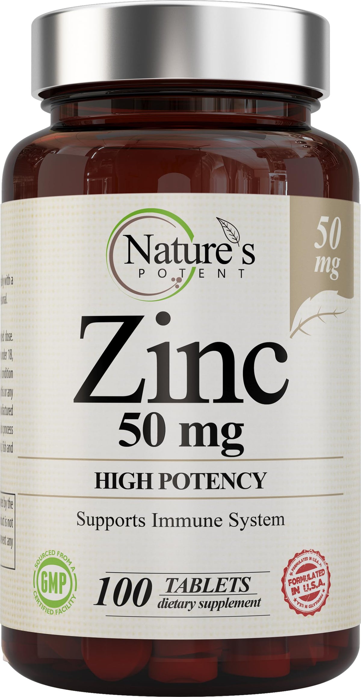 Nature's Potent Zinc 50mg bottle highlights immune support potential.