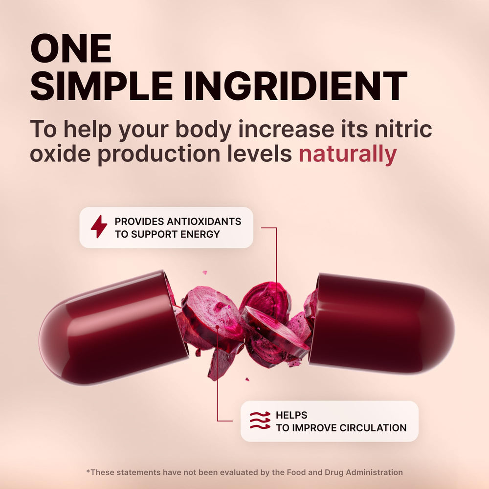 Closeup of Nature's Pure Blend beet root capsules emphasizing natural ingredients