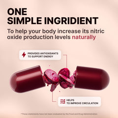 Closeup of Nature's Pure Blend beet root capsules emphasizing natural ingredients