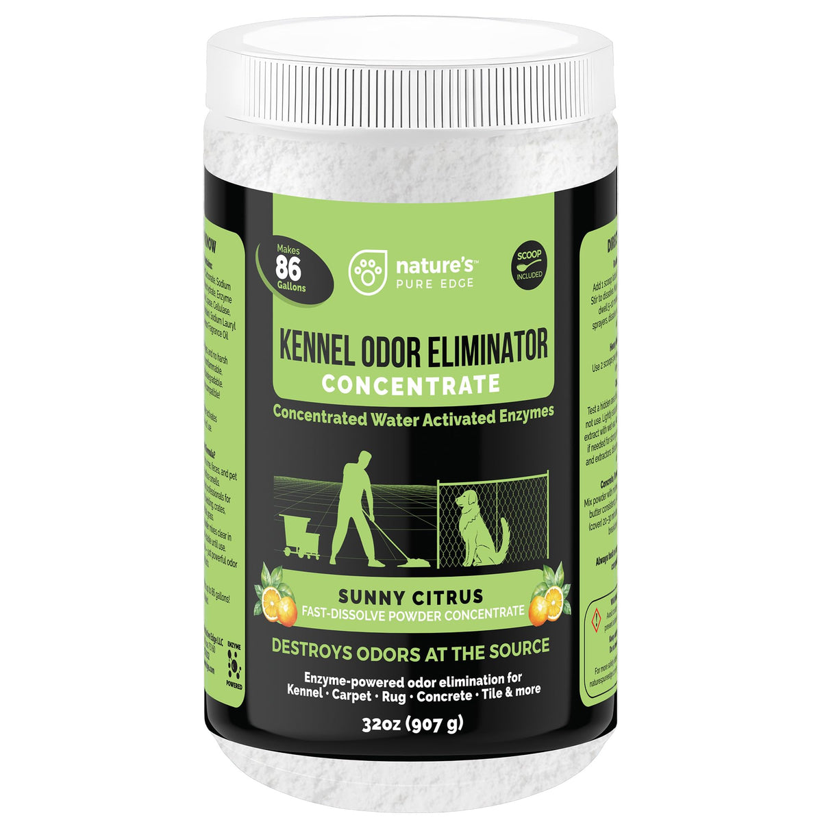 Nature's Pure Edge enzyme powder container ready for professional odor elimination