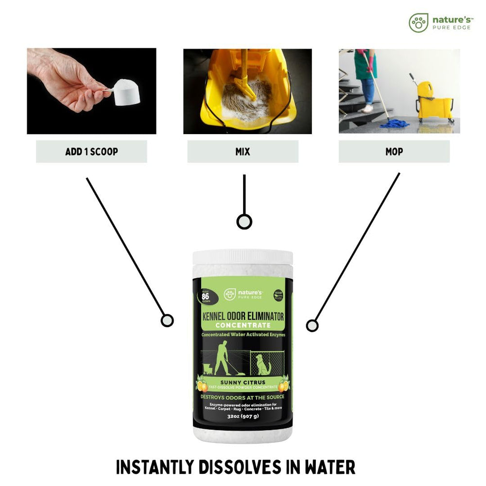 Nature's Pure Edge kennel odor cleaner solution applied to large areas