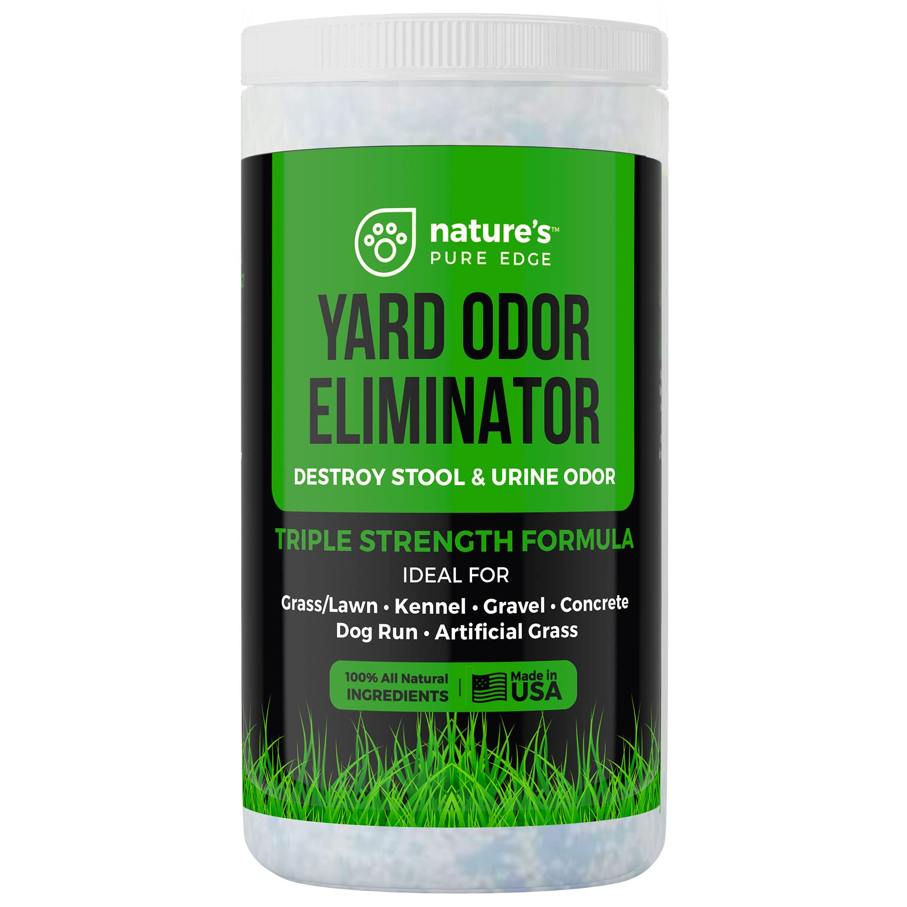 Nature's Pure Edge yard odor eliminator bottle pour showing quick odor control