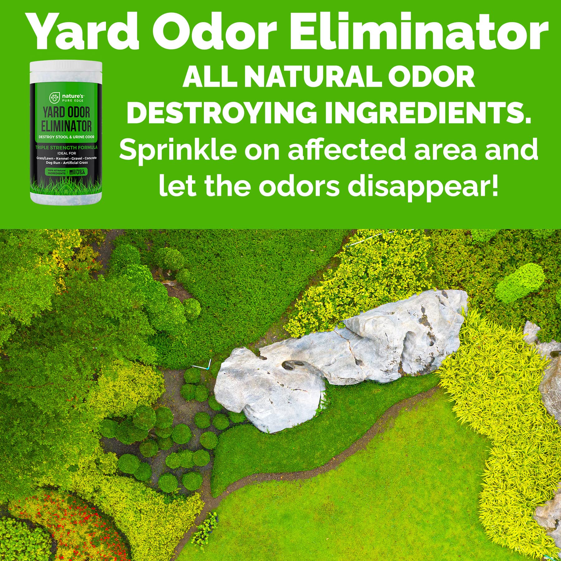 Nature's Pure Edge yard odor eliminator by dog run and concrete surface