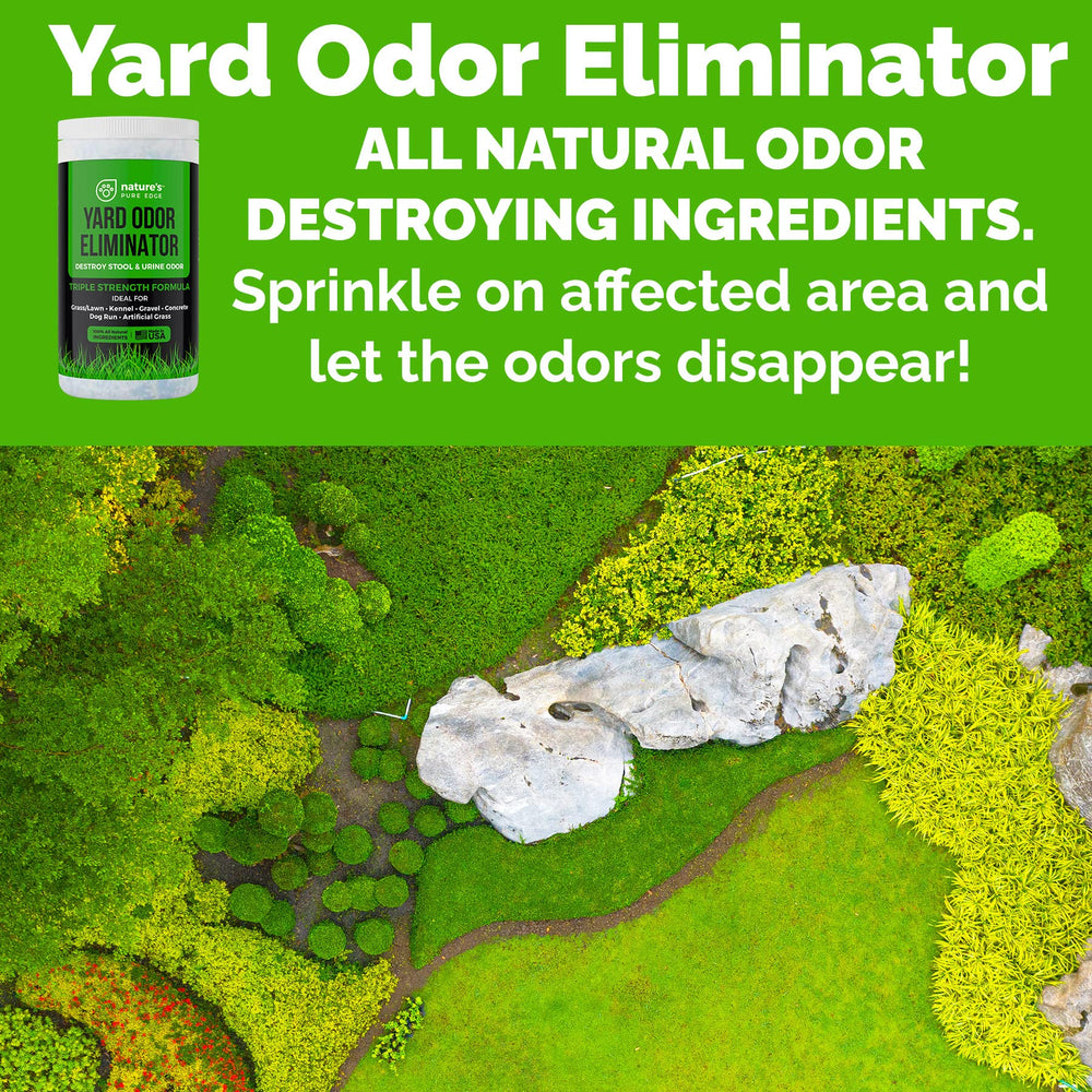 Nature's Pure Edge yard odor eliminator by dog run and concrete surface