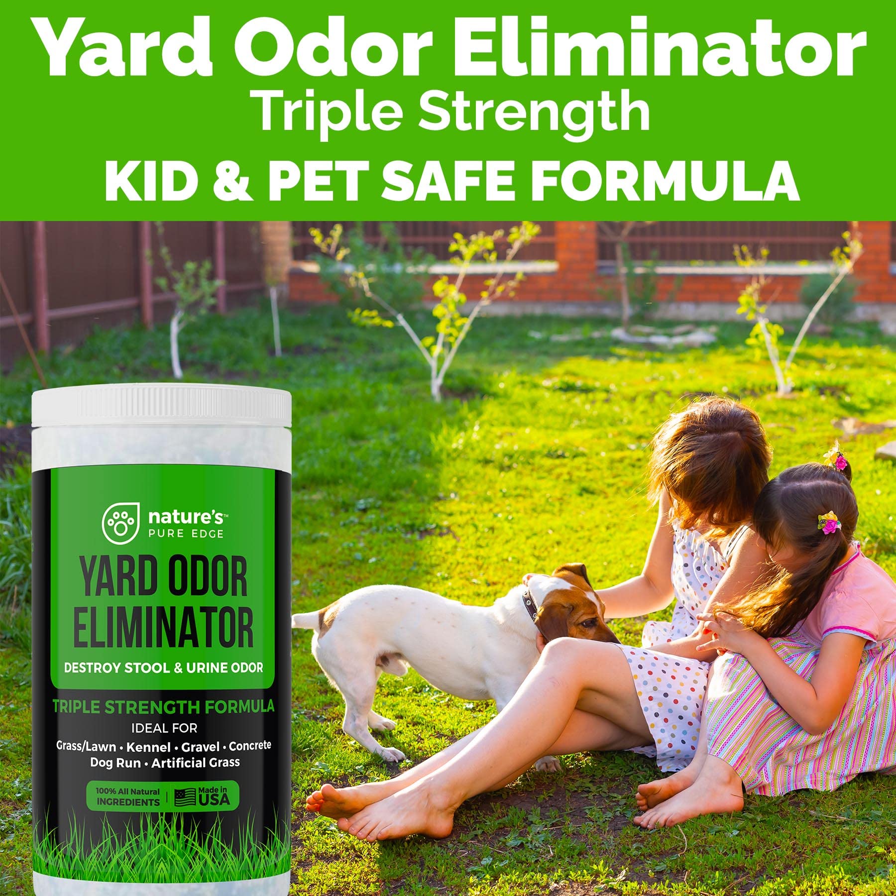 Nature's Pure Edge yard odor eliminator near kennel area tackling outdoor odors