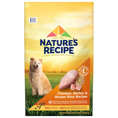 Nature's Recipe chicken-barley-brown-rice dry dog food bag front highlighting real chicken protein.