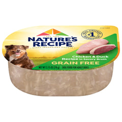 Nature’s Recipe chicken-duck wet dog food in broth served—savory flavor for adult dogs.