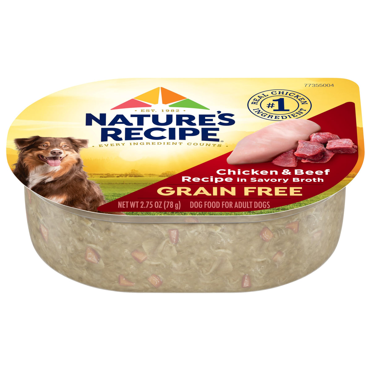 Nature's Recipe grain-free chicken and beef cups on shelf for easy feeding.