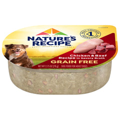 Nature's Recipe grain-free chicken and beef cups on shelf for easy feeding.