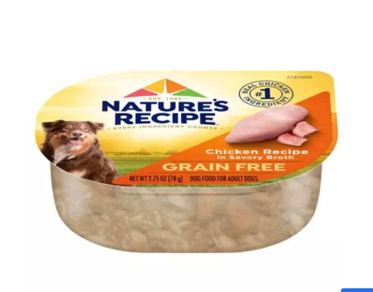 Nature's Recipe grain-free chicken cups showing real chicken as the star for adult dogs