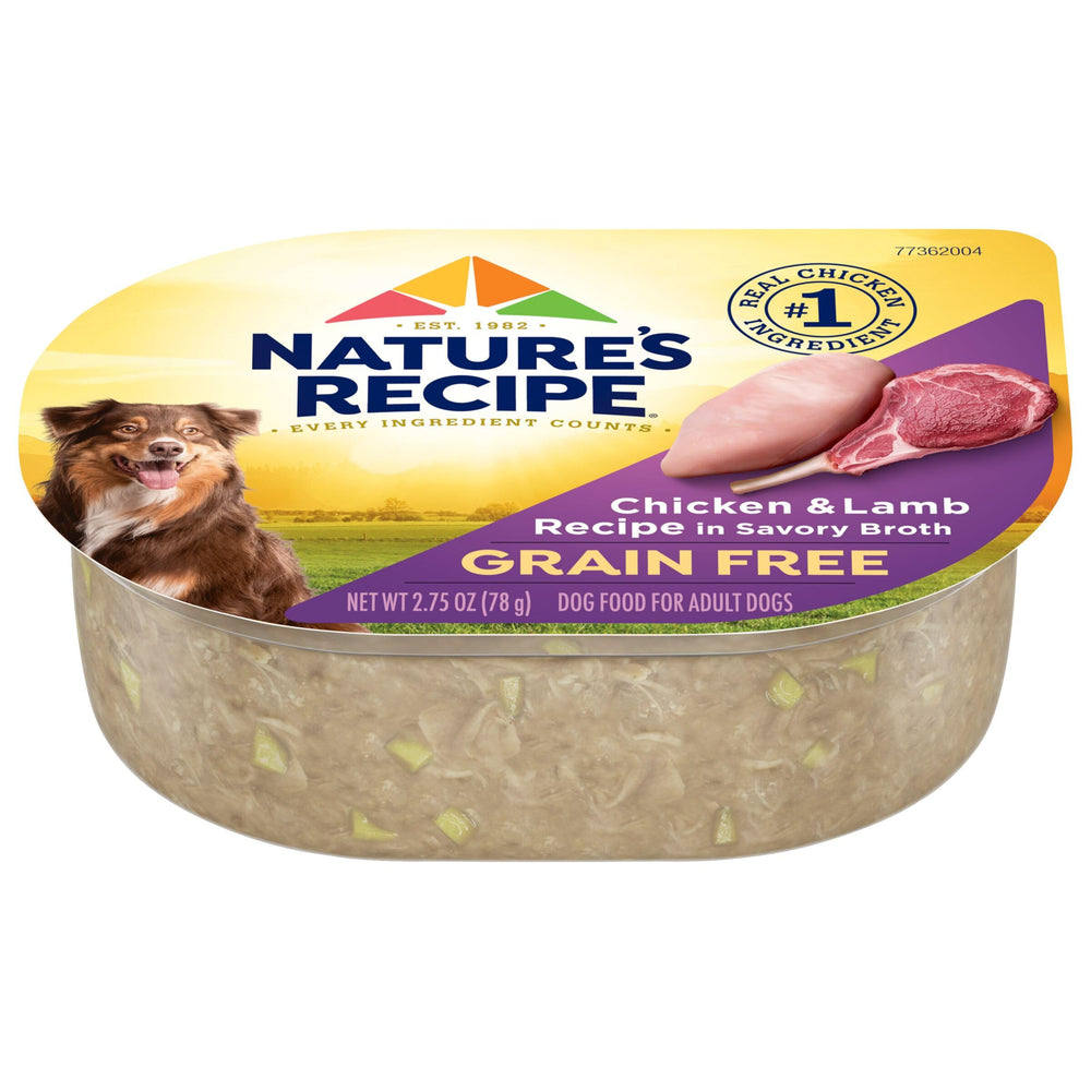 Nature's Recipe grain free chicken and lamb cups in savory broth, 12-pack for daily meals.