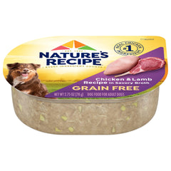 Nature's Recipe grain free chicken and lamb cups in savory broth, 12-pack for daily meals.