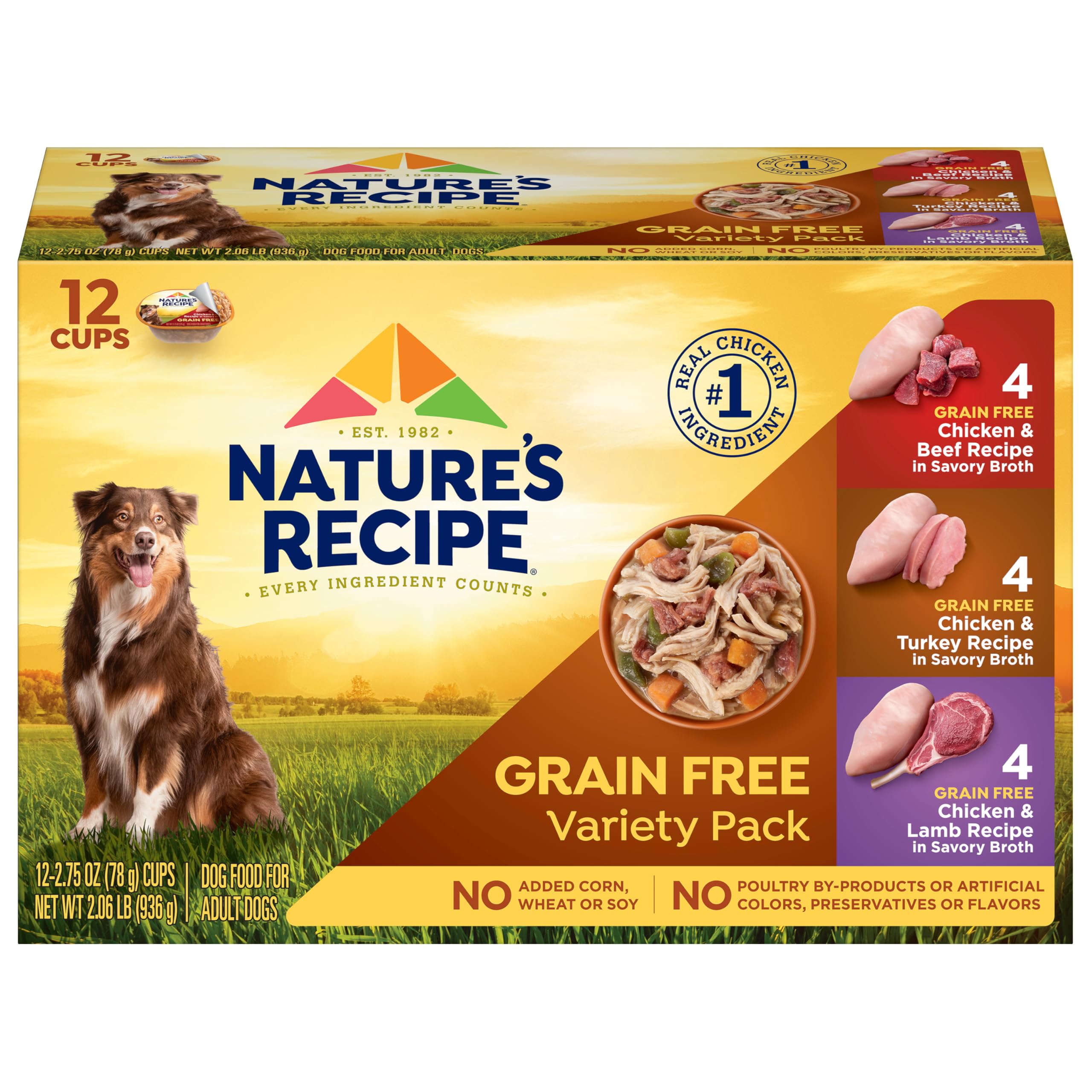 Nature’s Recipe chicken-beef recipe in savory broth with real chicken first