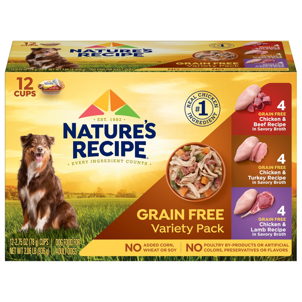 Nature’s Recipe grain free wet dog food variety pack cups displayed for daily meals