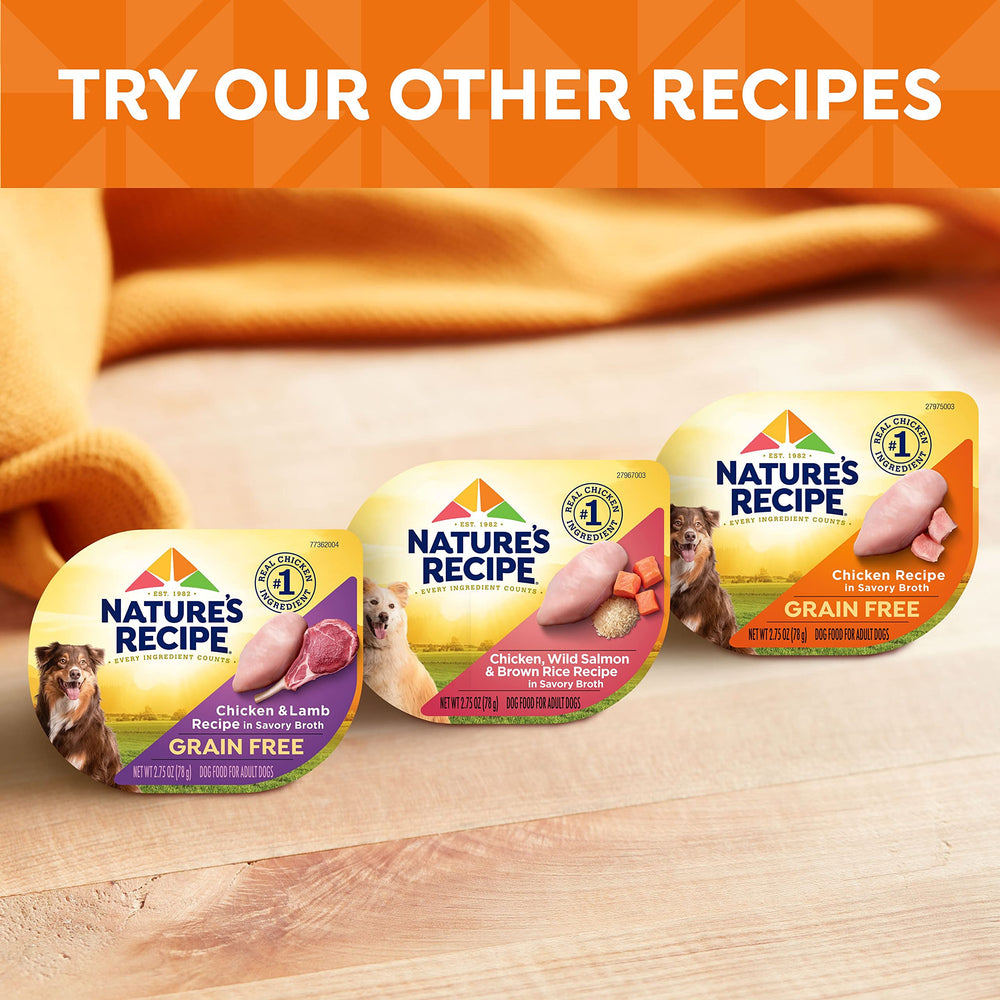 Nature's Recipe cup servings on a kitchen counter for daily feeding.