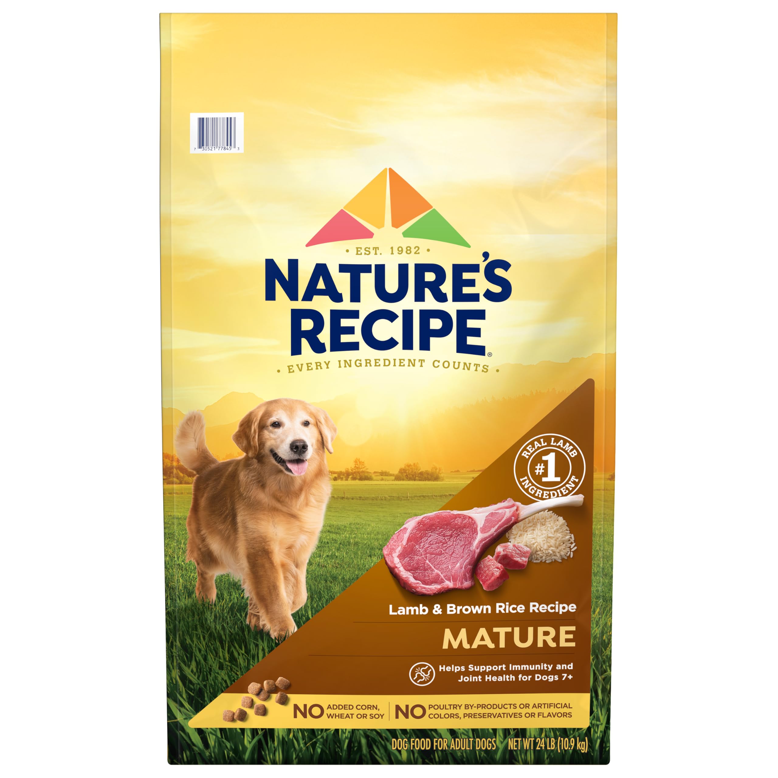 Nature's Recipe Mature Lamb Brown Rice bag close-up highlighting premium protein