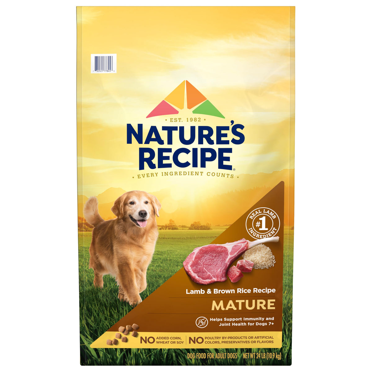 Nature's Recipe Mature Lamb Brown Rice bag close-up highlighting premium protein