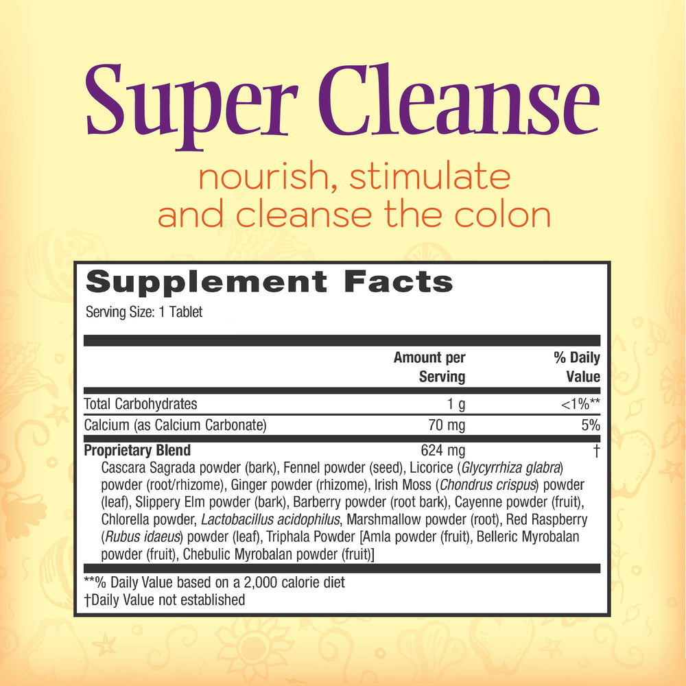 Nature's Secret Super Cleanse bottle side label highlighting the herbal blend.