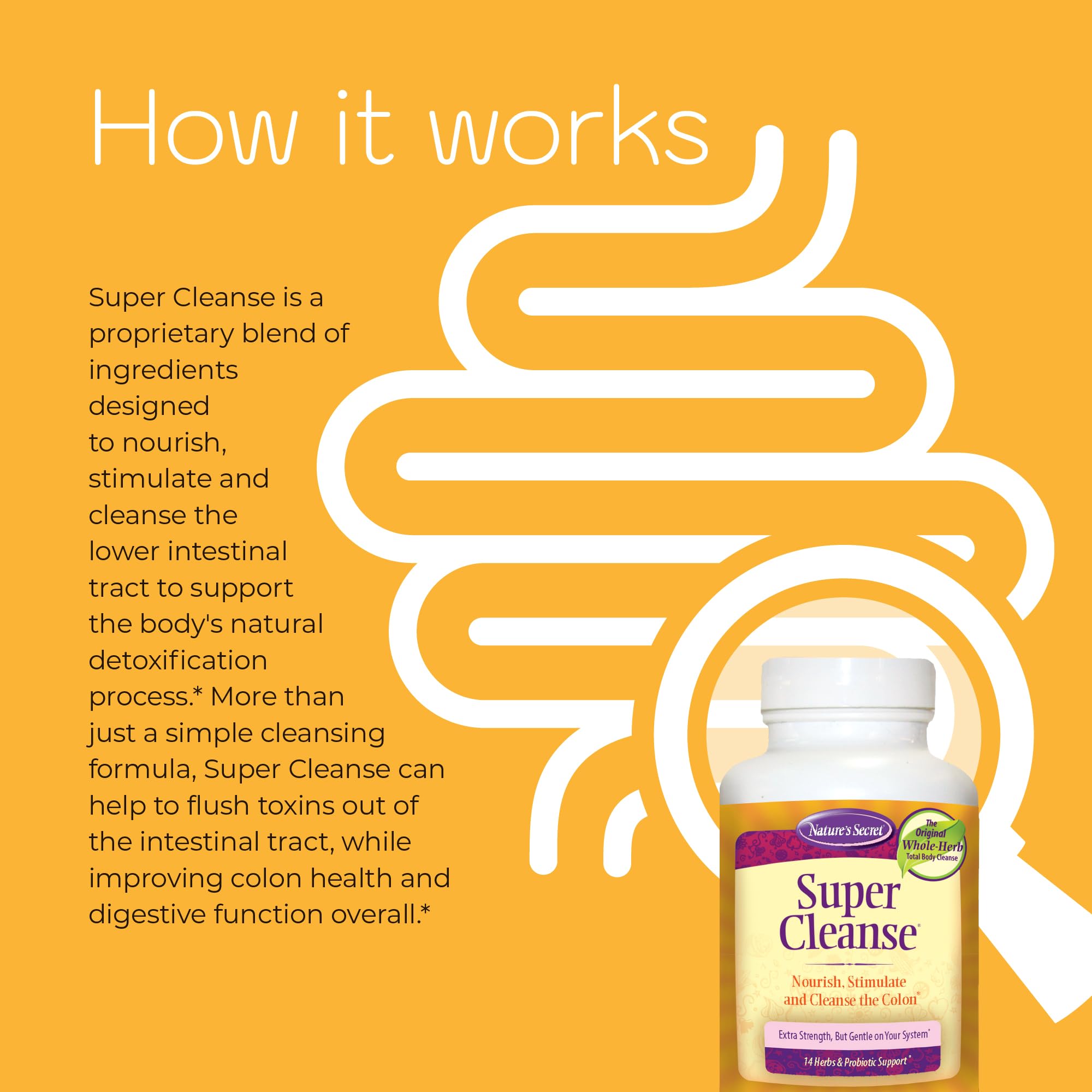 Nature's Secret Super Cleanse 14-herb blend ingredients chart.