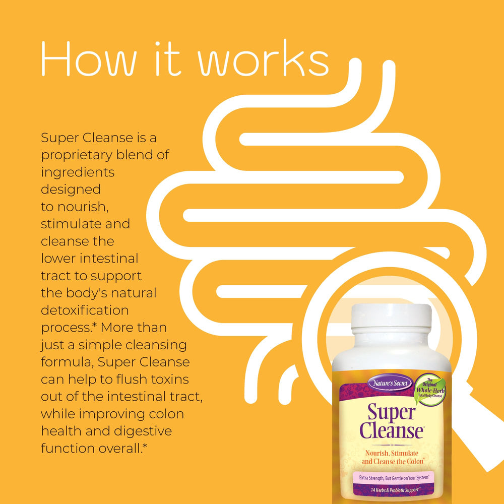 Nature's Secret Super Cleanse packaging box beside glass of water suggesting a simple daily routine.