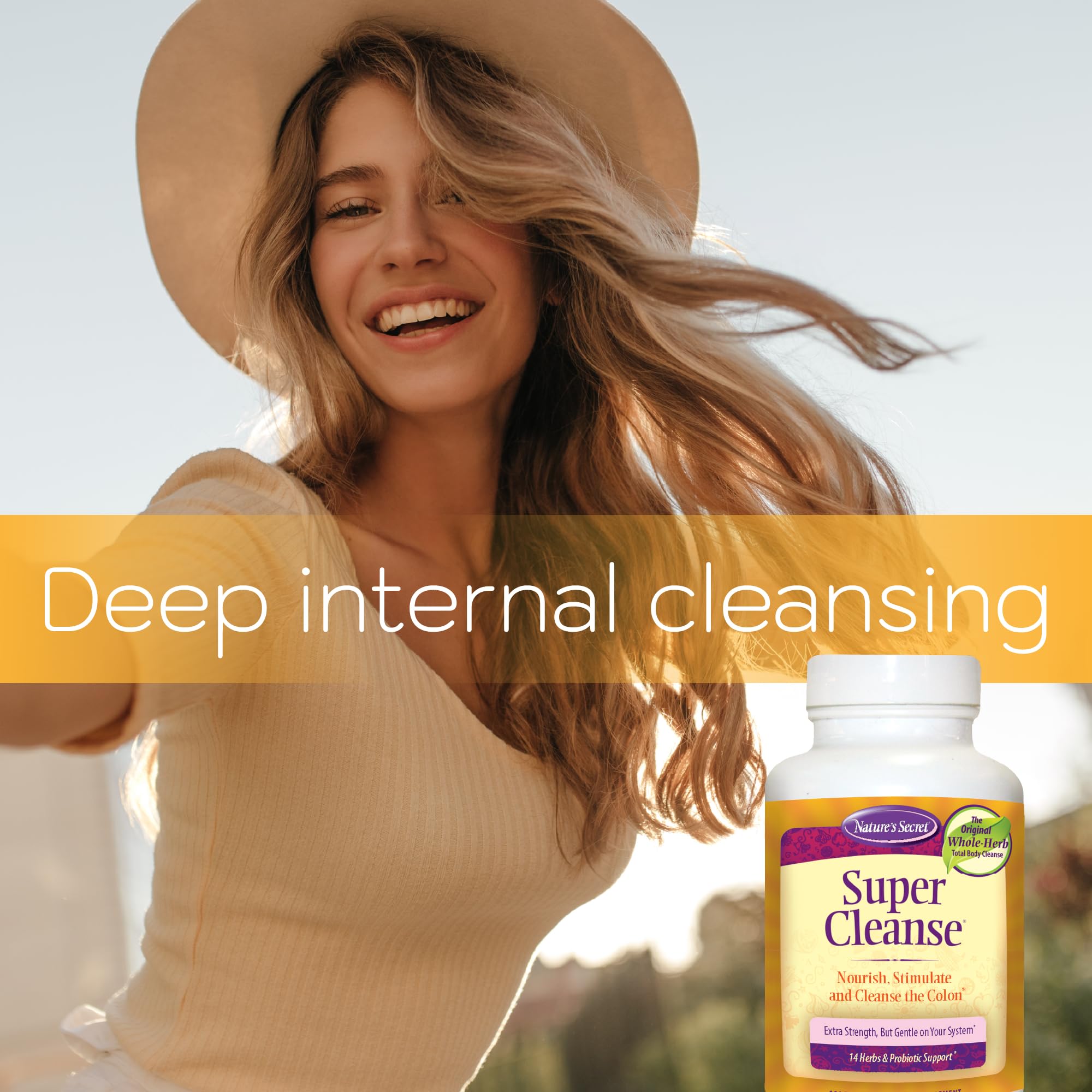 Nature's Secret Super Cleanse probiotic support icon on label.