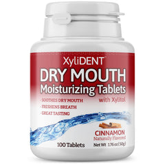 Nature's Stance XyliDENT tablets in cinnamon bottle front for quick dry mouth relief