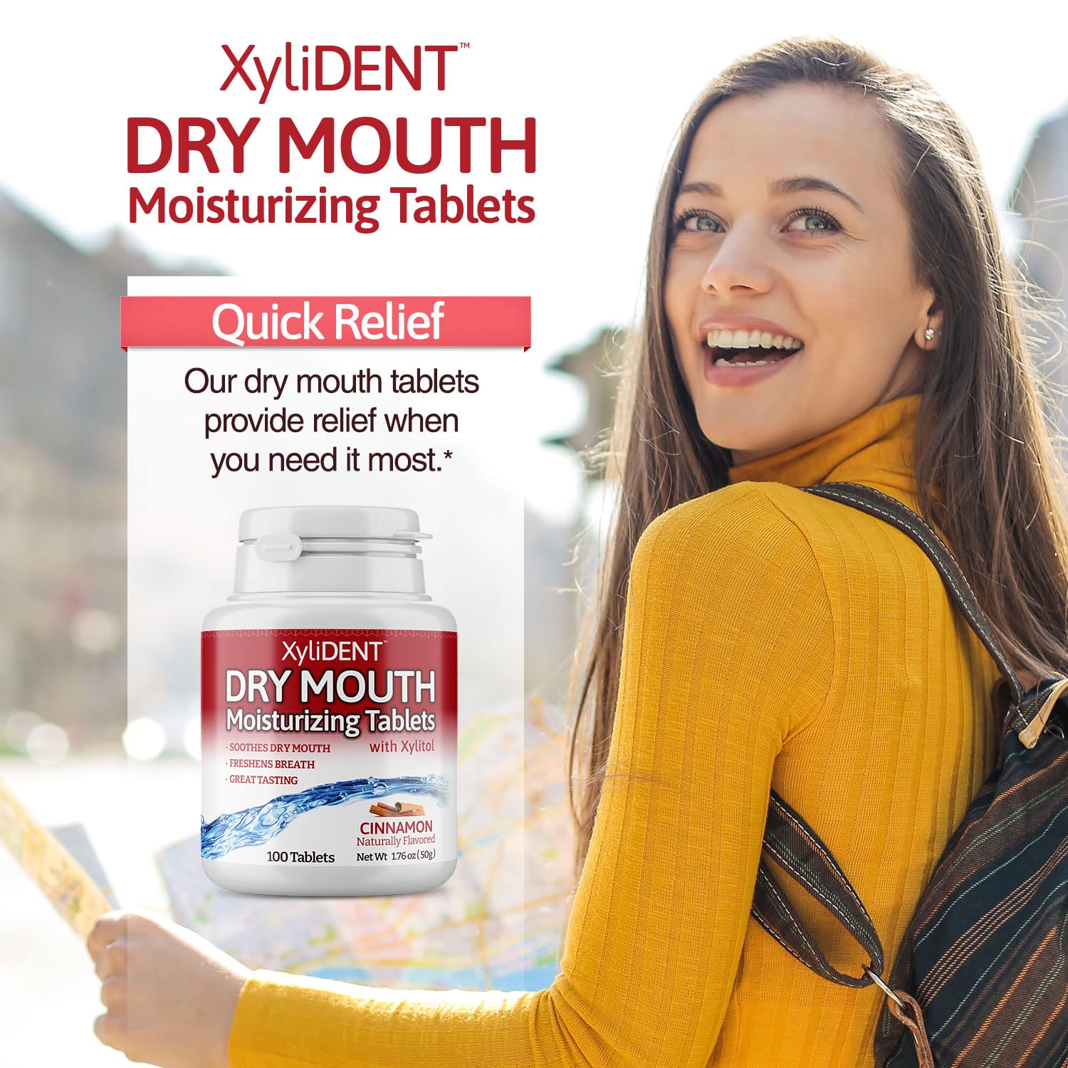 Packaging display suggesting on-the-go relief for busy days
