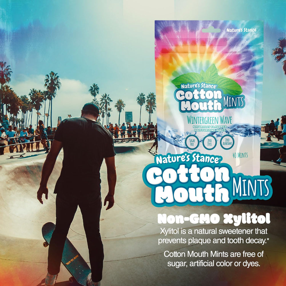 Nature’s Stance Xylitol Mints in use for cotton mouth relief during travel