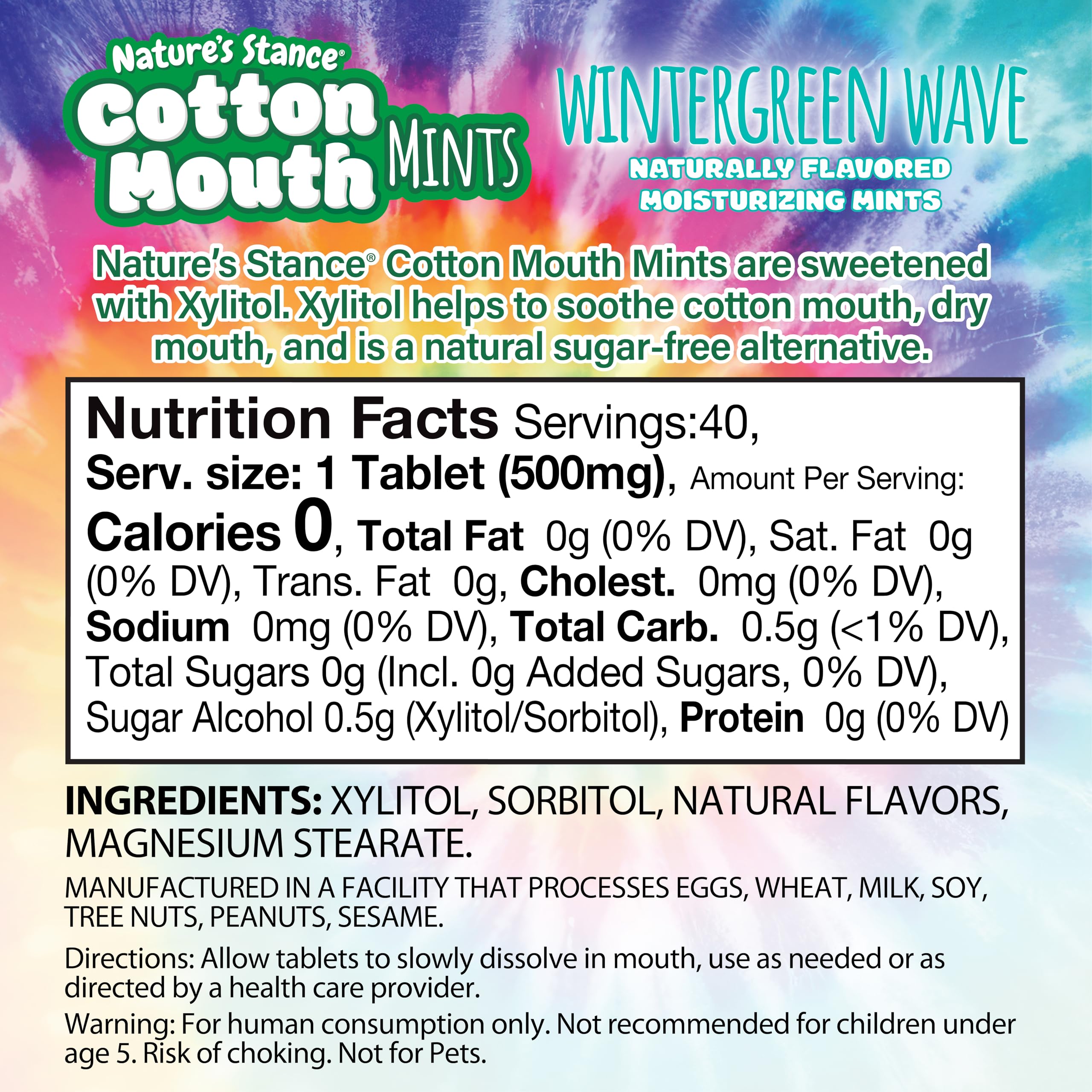 Nature’s Stance Xylitol Mints wintergreen pack back showing sugar-free breath freshening