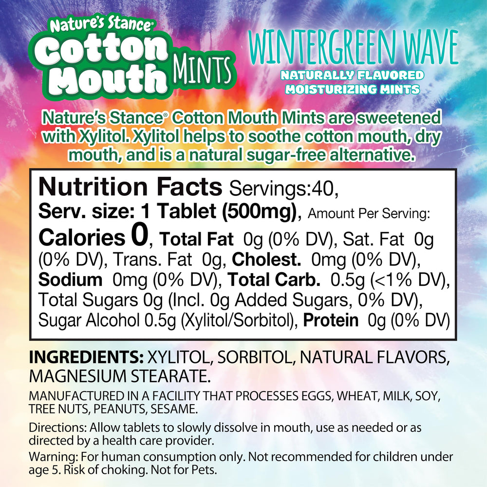 Nature’s Stance Xylitol Mints wintergreen pack back showing sugar-free breath freshening
