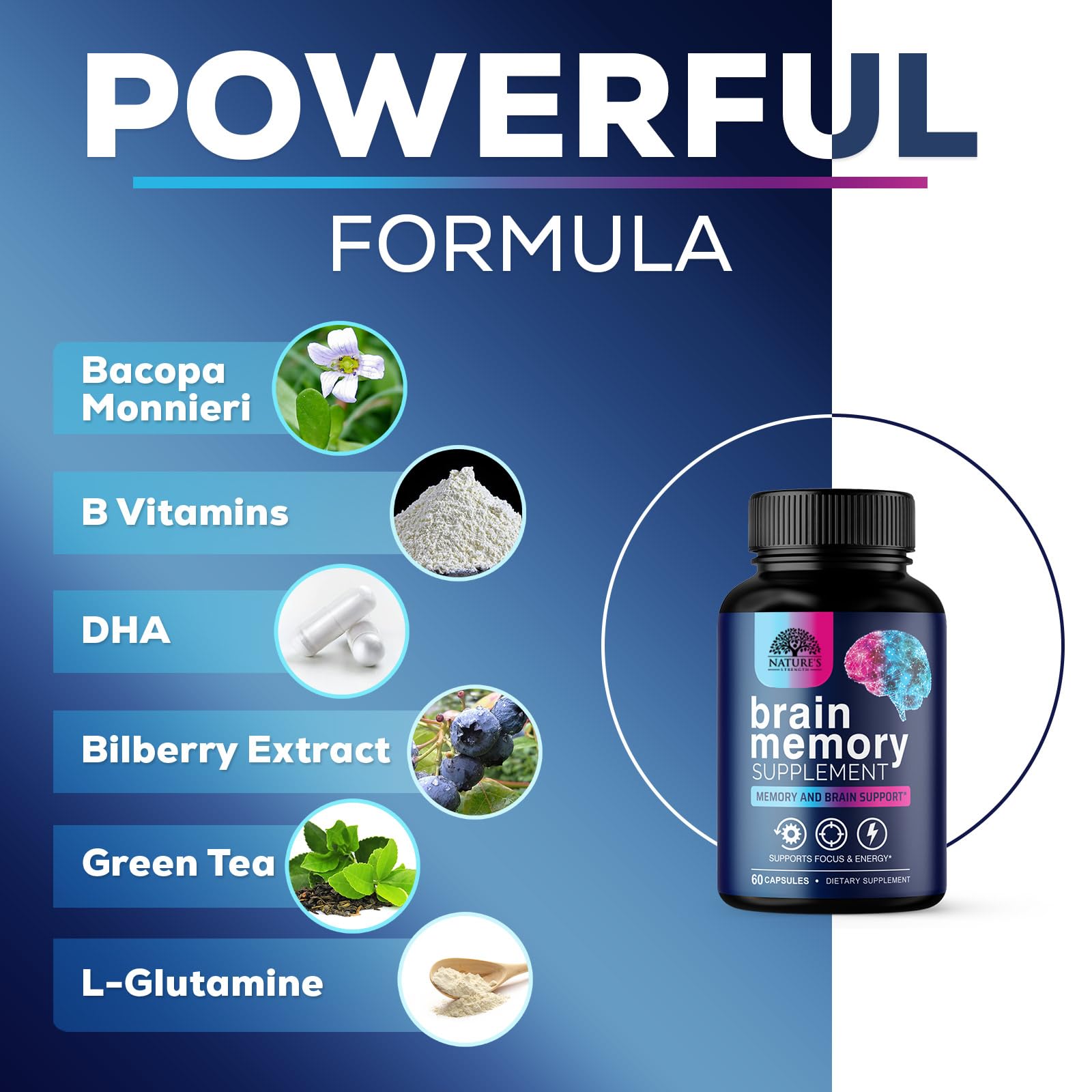 Nature's Strength bacopa monnieri ingredient image emphasizing memory support possibility.