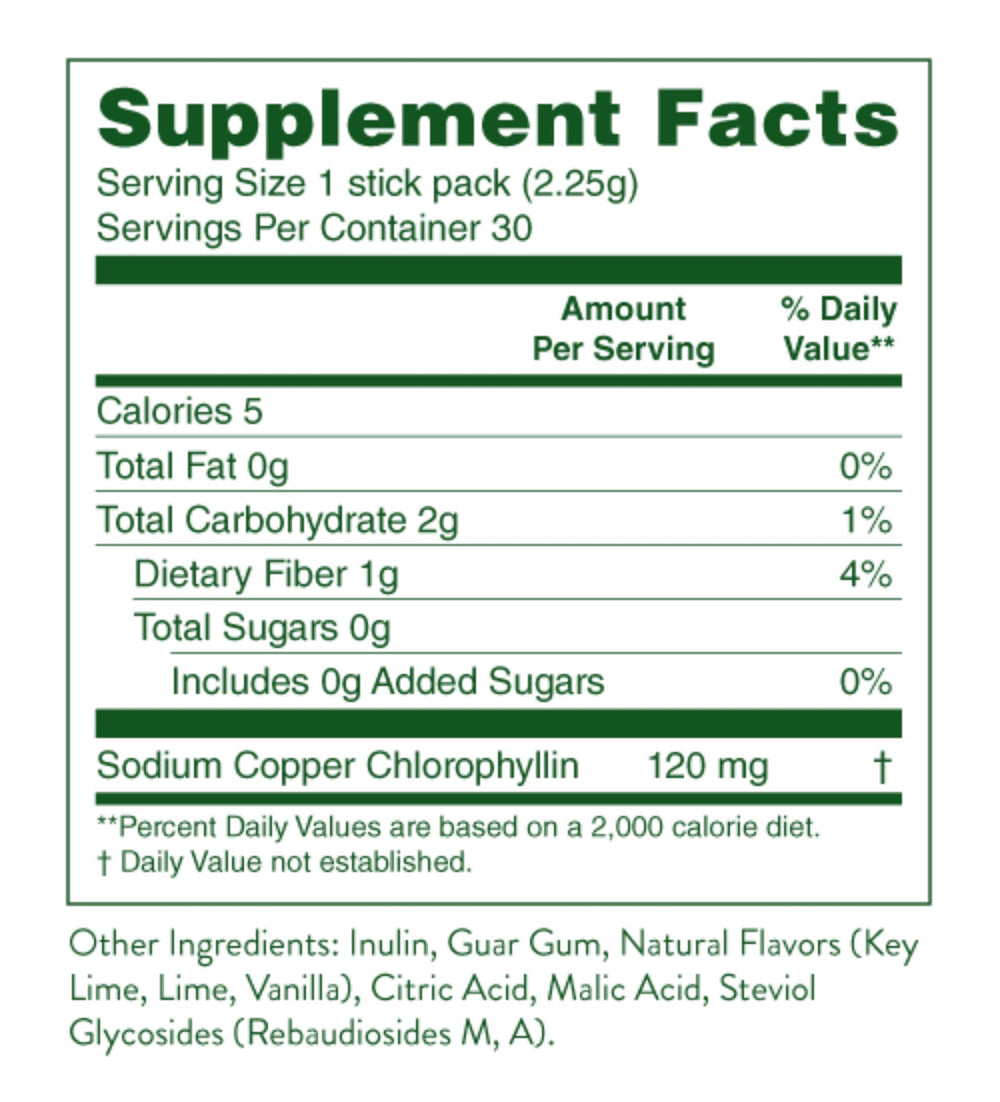 Chlorophyll daily detox support in a lime-flavored stick