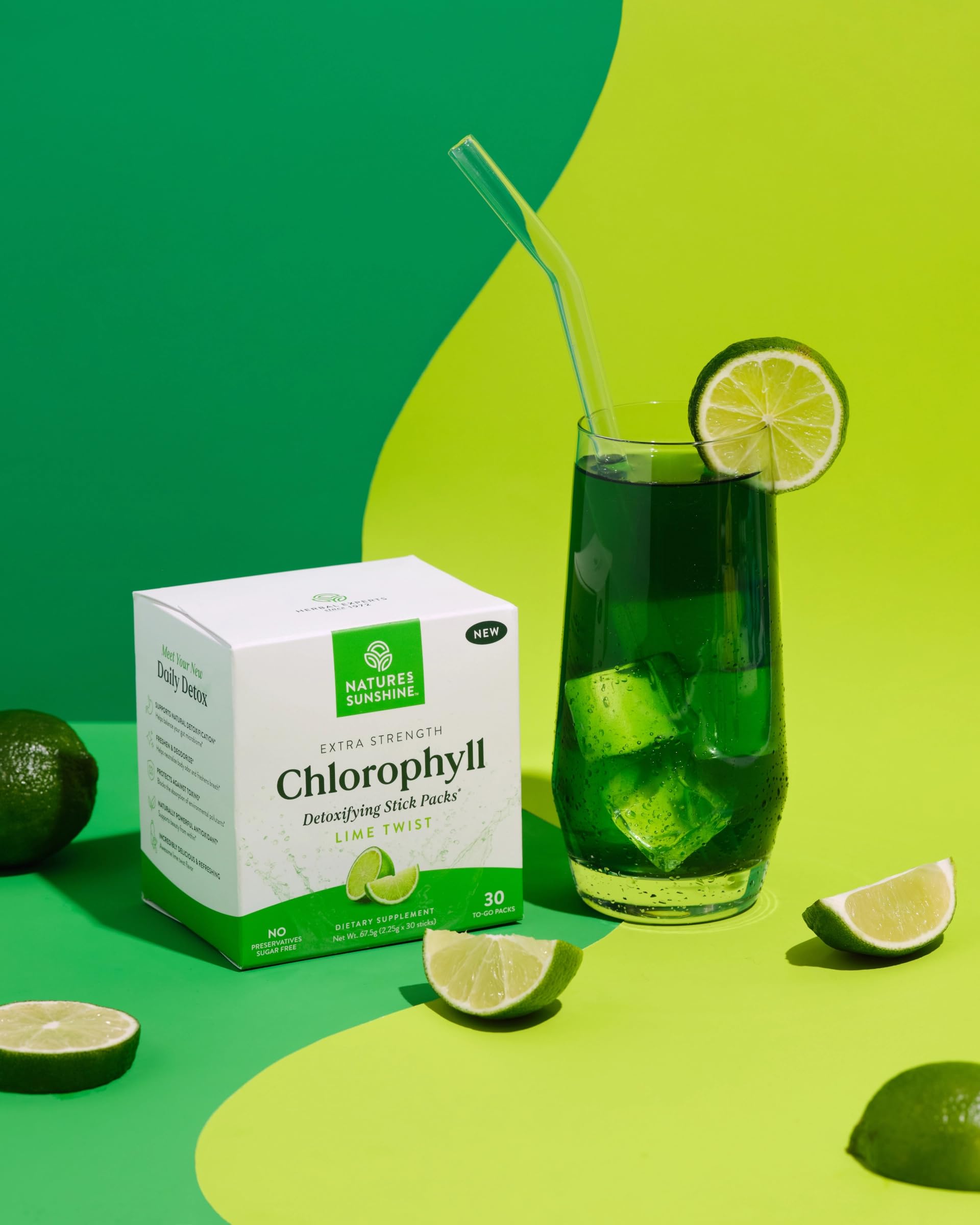 Lime twist chlorophyll stick dissolving in water for quick mix